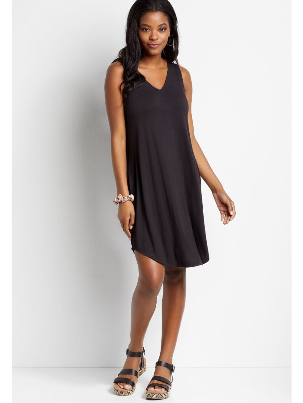 Maurices 24/7 Shift Dress Small Sleeveless Double V-Neck Tank Solid Black Trendy